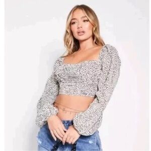 Altar'd‎ State Women's Leopard Print Long Sleeve Crop Top Square Neck S
